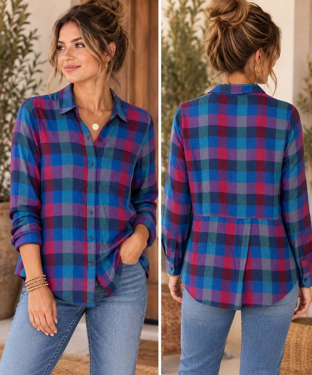 Lucky Brand S Plaid Button Shirt Blue Purple Long Sleeve Fall Cabin Casual